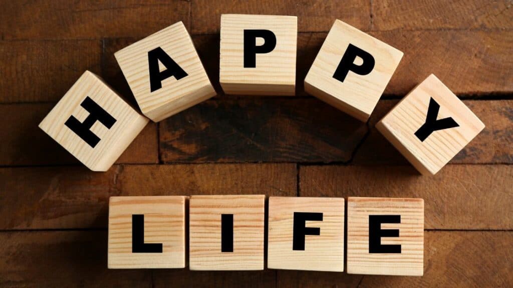 Happy lifestyle with wooden blocks spelling out "HAPPY" and "LIFE" on a wooden surface, emphasizing well-being and positive living.