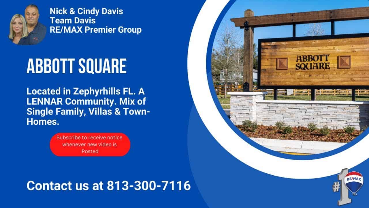 Modern neighborhood entrance sign for Abbott Square in Zephyrhills FL, showcasing community development and real estate.