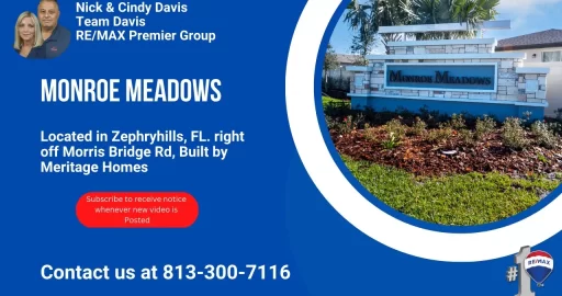 Monroe Meadows residential community entrance sign, Zephyrhills FL, built by Heritage Homes.