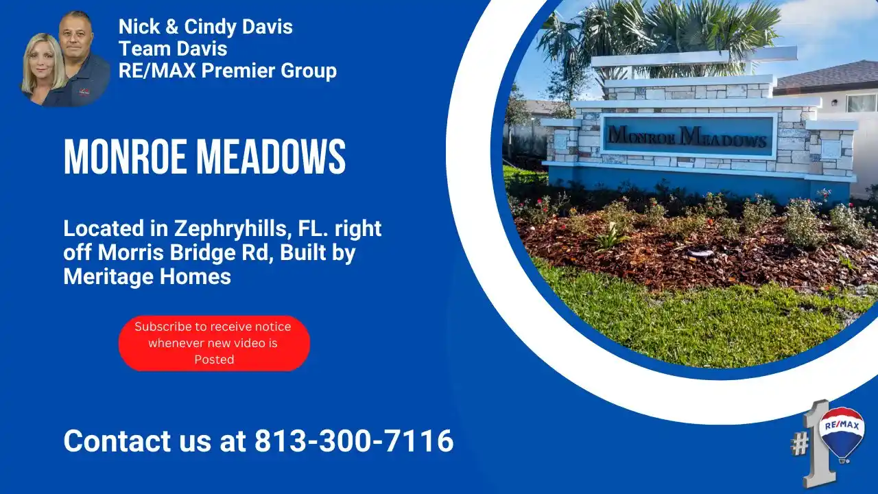 Monroe Meadows residential community entrance sign, Zephyrhills FL, built by Heritage Homes.