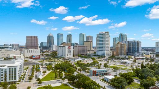 Modern Tampa skyline with high-rise buildings and downtown office complexes.