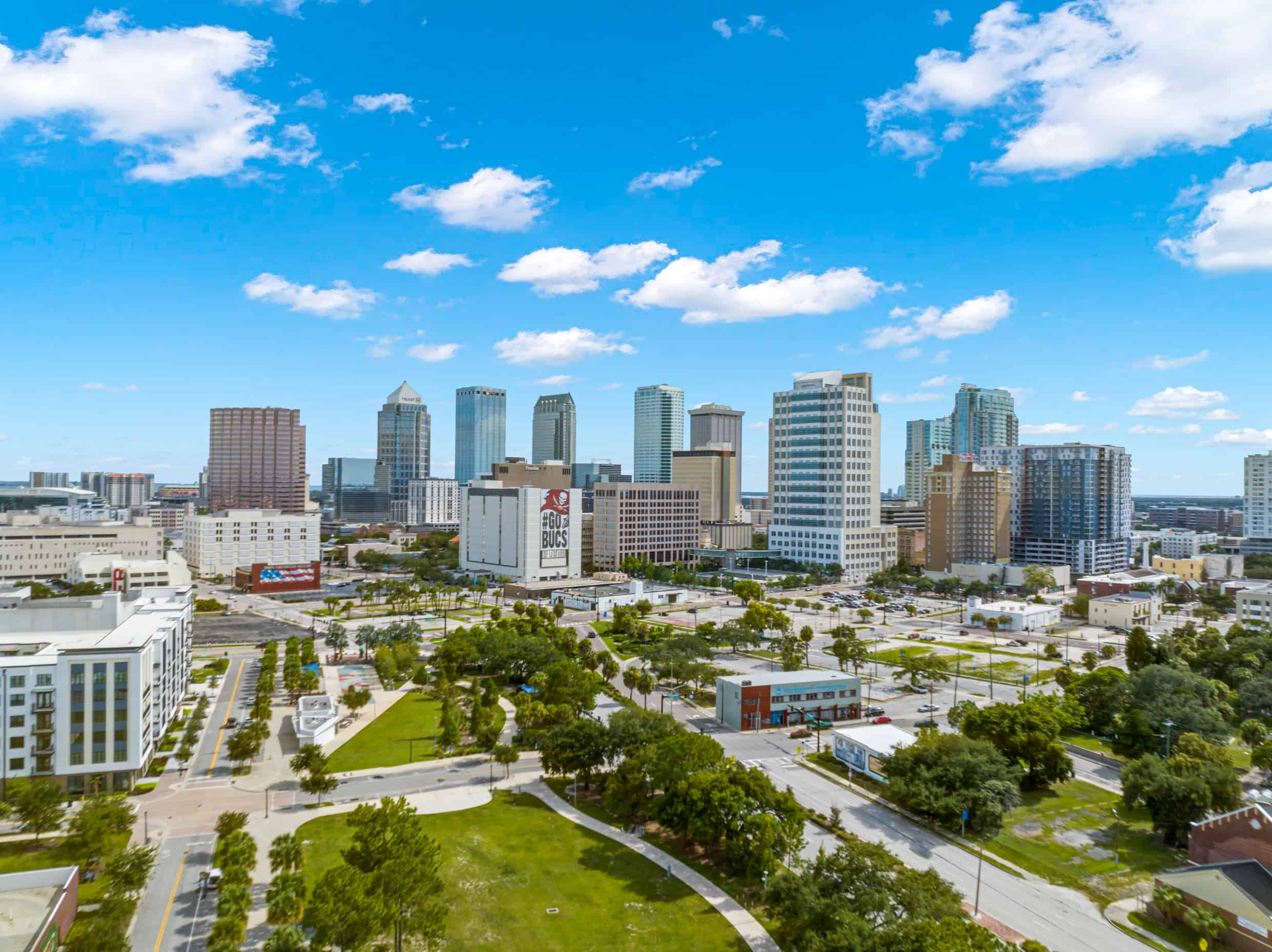 Modern Tampa skyline with high-rise buildings and downtown office complexes.