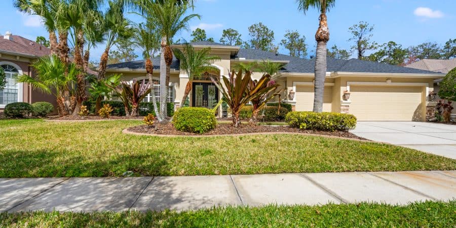 Lush front yard with tropical landscaping in a modern family home in Tampa, Florida.