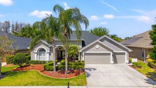 Modern suburban house with lush landscaping and palm trees in Tampa, Florida.